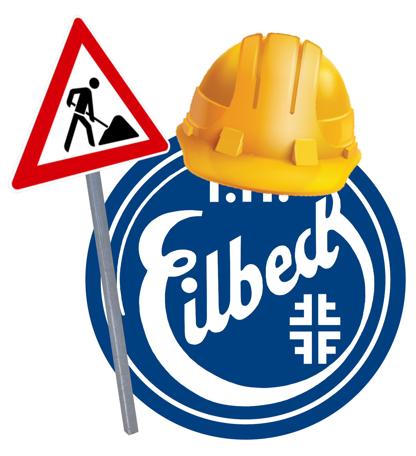 Bildkollage: Das THE-Logo mit Helm und Baustellenschild