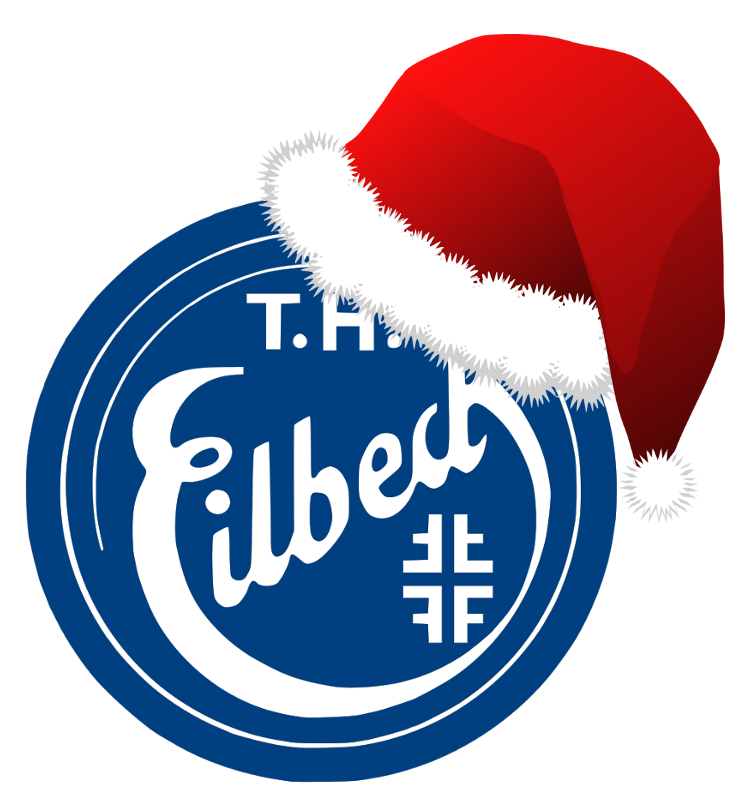 Das blaue Logo des THE mit einer roten Weihnachtsmütze auf