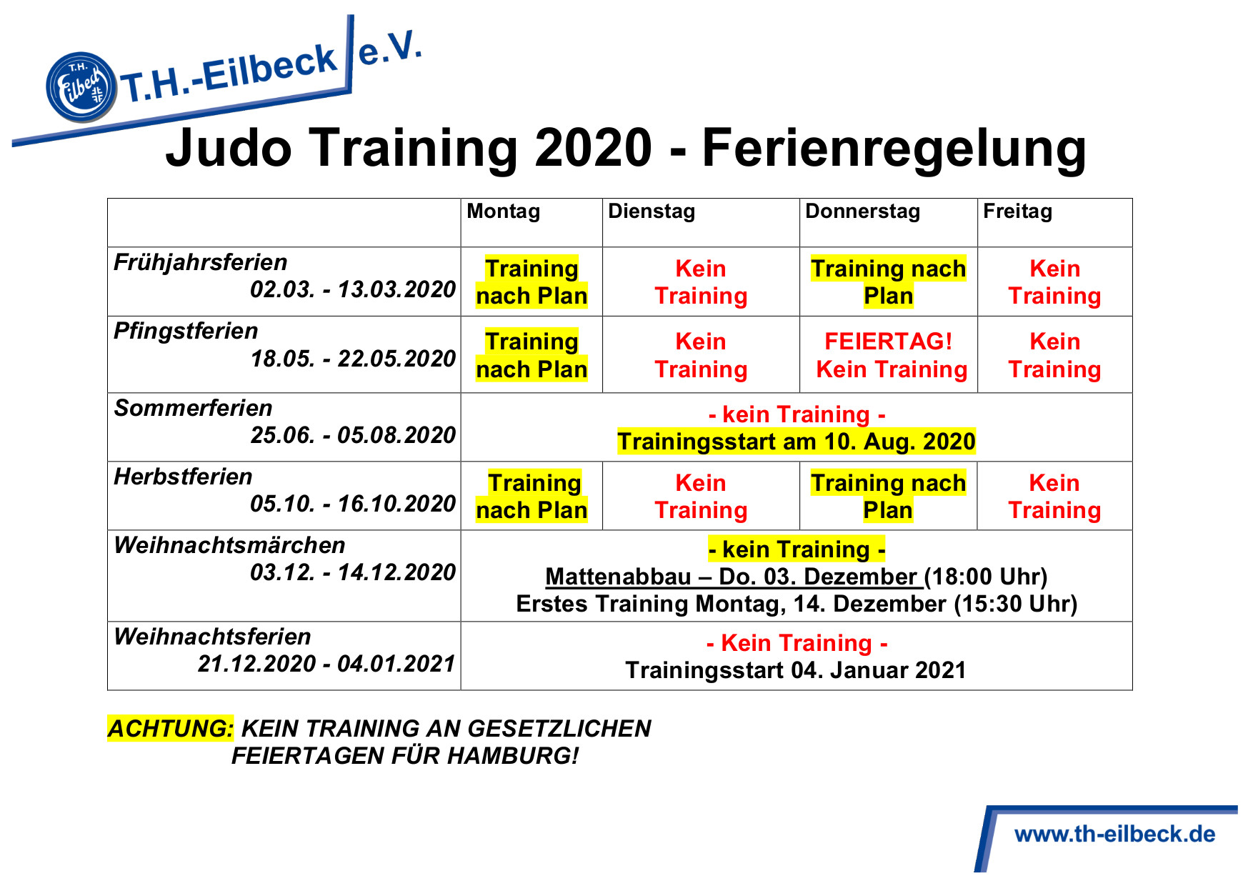 Tabelle der Ferienregelungen für die Schulferien in Hamburg 2020